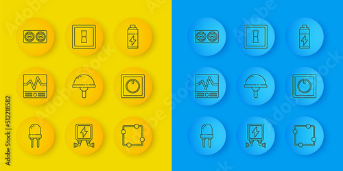 Set line Light emitting diode, Electrical measuring instruments, circuit scheme, light switch, outlet, Battery and icon. Vector