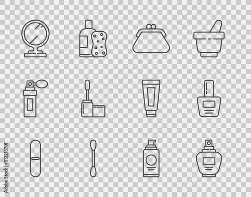 Set line Nail file, Perfume, Clutch bag, Cotton swab for ears, Round makeup mirror, Mascara brush, Spray can hairspray and polish bottle icon. Vector