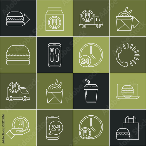 Set line Online ordering burger delivery, Food, Fast by car, and, Burger, and Clock 24 hours icon. Vector
