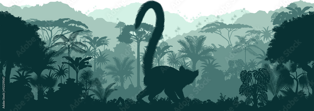 Vector horizontal seamless tropical rainforest Jungle background with lemur - obrazy, fototapety, plakaty 