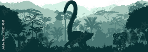 Fotografie, Tablou Vector horizontal seamless tropical rainforest Jungle background with lemur
