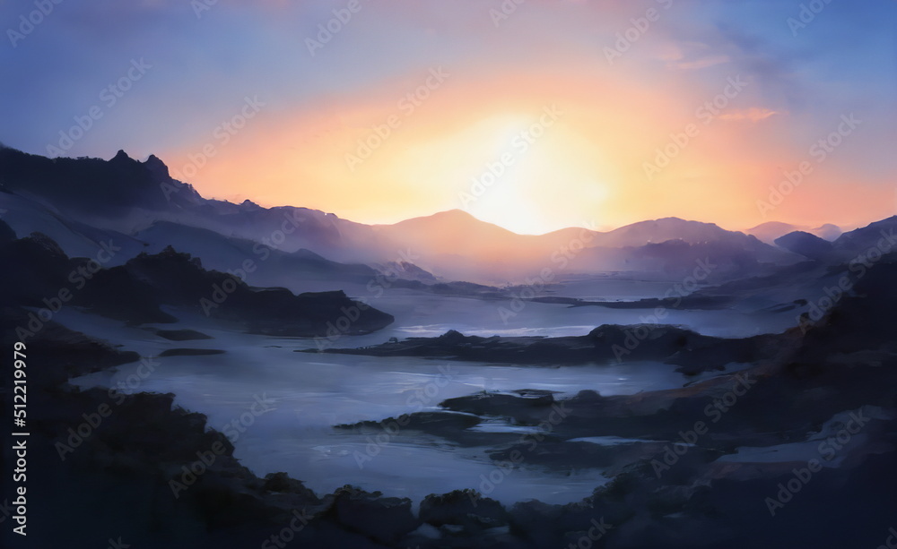 Fantastic Epic Magical Landscape of Mountains. Summer nature. Mystic Valley, tundra. Gaming assets. Celtic Medieval RPG background. Rocks and grass. Beautiful sky with clouds. ice lake and sunset