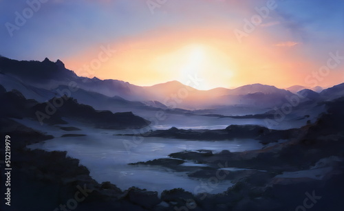 Fantastic Epic Magical Landscape of Mountains. Summer nature. Mystic Valley, tundra. Gaming assets. Celtic Medieval RPG background. Rocks and grass. Beautiful sky with clouds. ice lake and sunset © Abstract51