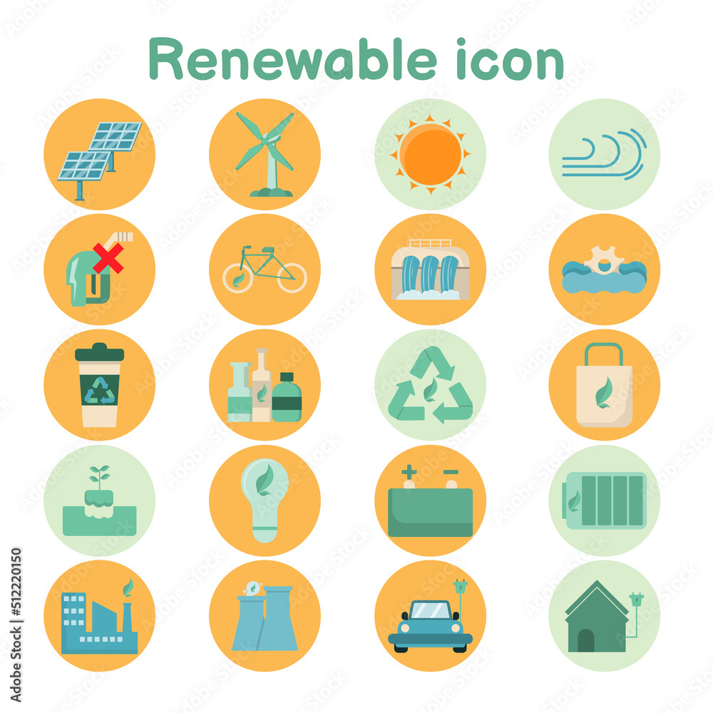 Flat icon on the circle of renewable energy. Clean energy including recycling. Home and industry using environmentally friendly alternatives. Vector illustration isolated on white background. Flat icon on the circle of renewable energy. Clean energy including recycling. Home and industry using environmentally friendly alternatives. Vector illustration isolated on white background.