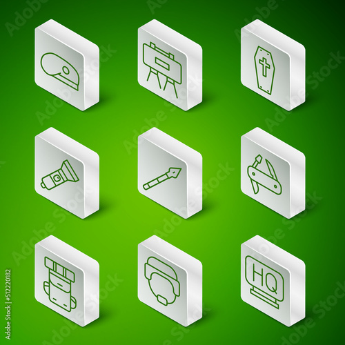 Set line Military headquarters, helmet, beret, Medieval spear, Flashlight, mine, Hiking backpack and Swiss army knife icon. Vector