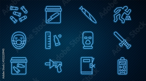 Set line Dictaphone, Police rubber baton, Marijuana joint, Bullet casing with ruler, Doctor pathologist, Balaclava and Evidence bag knife icon. Vector