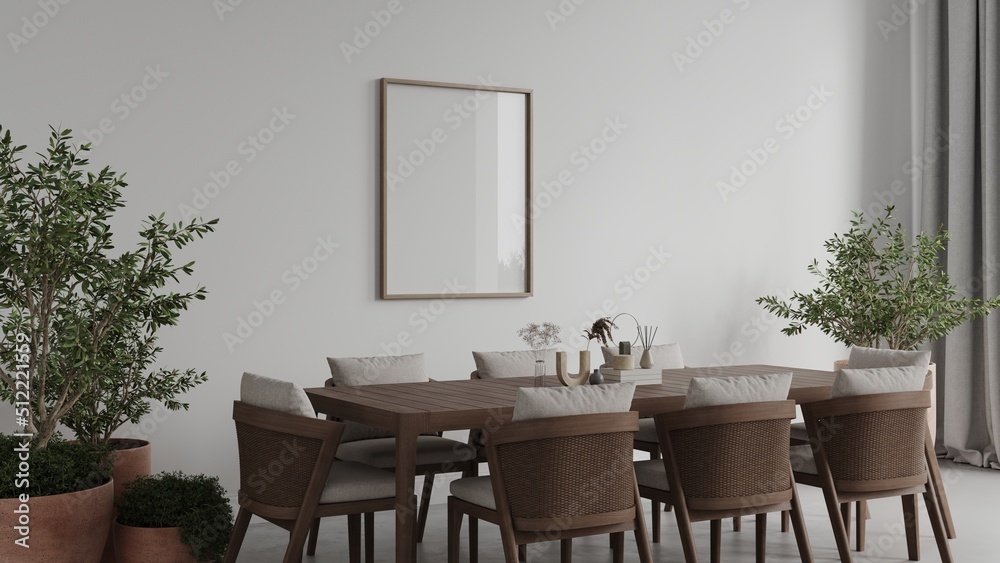 Scandinavian modern dining room render with empty frame mockup, table, chairs, concrete floor and plants