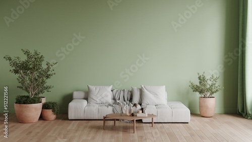 Scandinavian modern living room render with pastel mint green wall  wooden floor  coffee table and plants  emply wall mockup