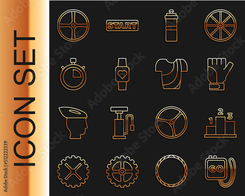 Set line Stopwatch, Award over sports winner podium, Gloves, Sport bottle with water, Smart, Bicycle wheel and Cycling t-shirt icon. Vector