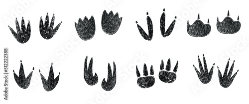 Dinosaur footprint set in hand drawn sketch style