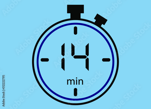 14 minutes icon isolated on blue background. Watch, timer, countdown symbol.