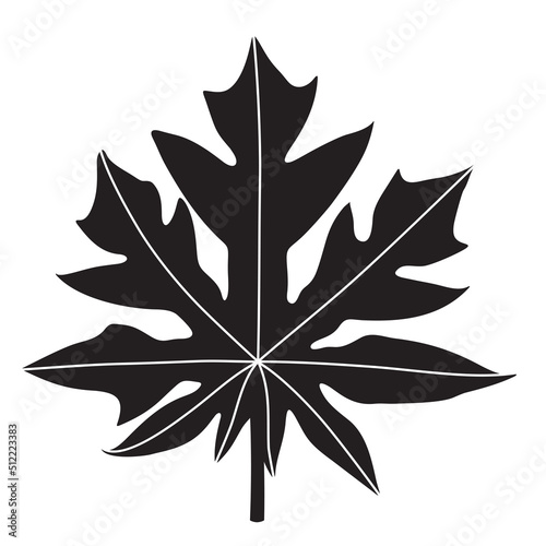 Papaya leaf silhouette, black isolated on white background, vector illustration