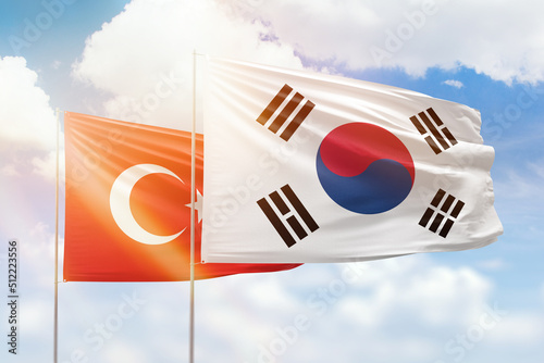 Sunny blue sky and flags of south korea and turkey
