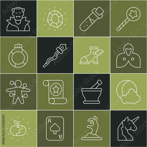 Set line Unicorn, Moon and stars, Mantle, cloak, cape, Bottle with potion, Magic staff, stone ring gem, Vampire and Hermes sandal icon. Vector