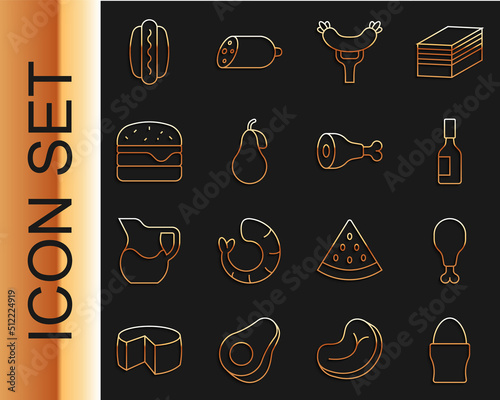 Set line Chicken egg on stand, leg, Tabasco sauce, Sausage the fork, Pear, Burger, Hotdog and icon. Vector