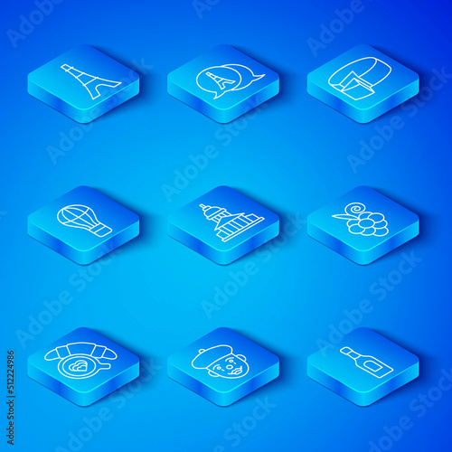 Set line Coffee cup with croissant, Museum building, French mime, Grape fruit, Cheese, Hot air balloon, Eiffel tower and Champagne bottle icon. Vector
