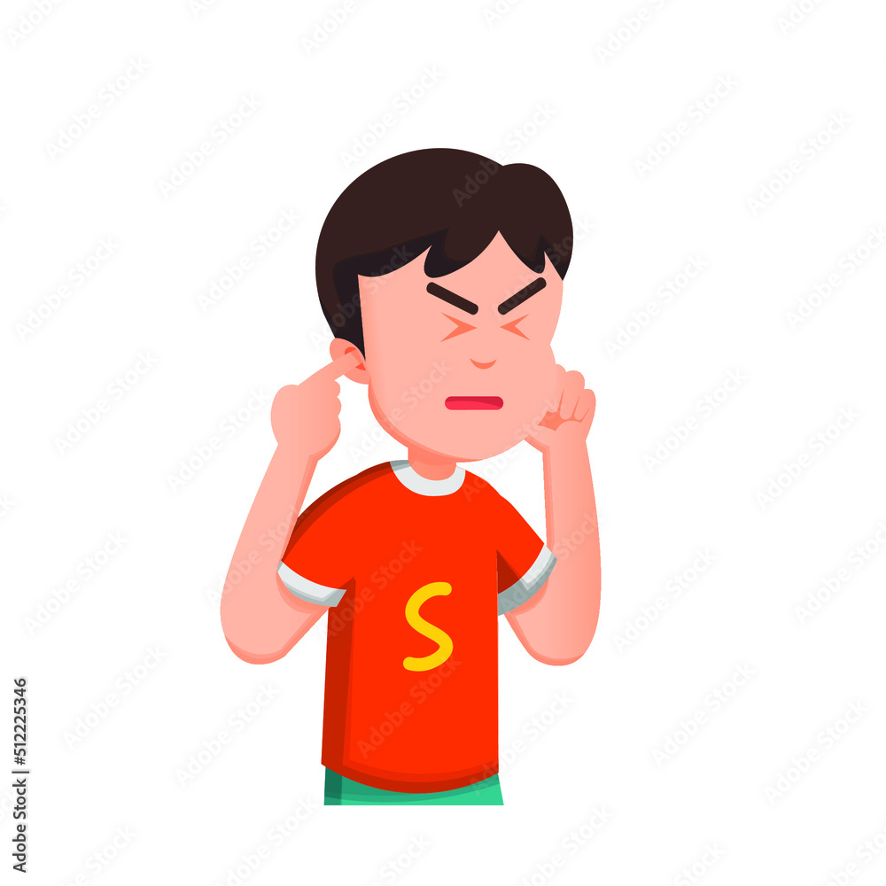 boy covered his ears with his index finger because he was disturbed by the noise boy covered his ears with his index finger because he was disturbed by the noise