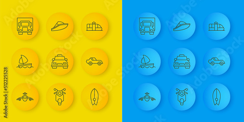 Set line Plane, Yacht sailboat, Taxi car, Surfboard, Car, Delivery cargo truck, Tram and railway and Speedboat icon. Vector