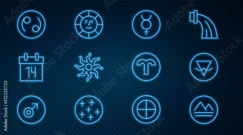 Set line Earth element, Symbol Mercury, Sun, Calendar, Cancer zodiac, Aries and icon. Vector