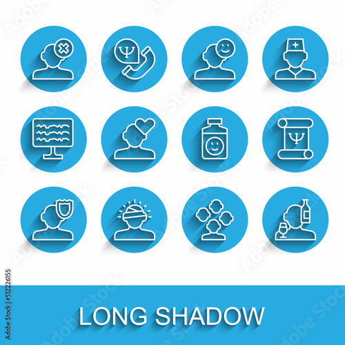 Set line Psychology, Concussion, headache, Solution problem in psychology, Schizophrenia, Alcoholism, Broken heart or divorce, book and Antidepressants icon. Vector