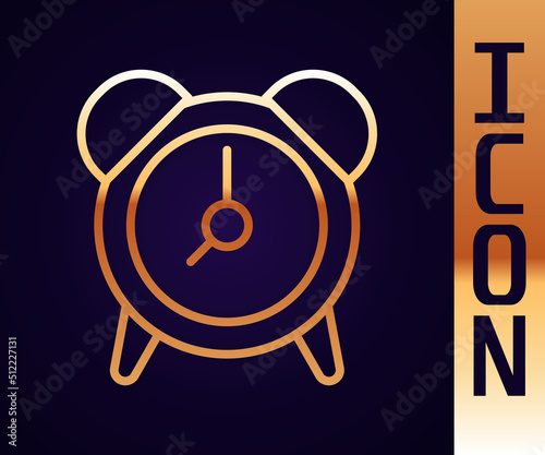 Gold line Alarm clock icon isolated on black background. Wake up, get up concept. Time sign. Vector