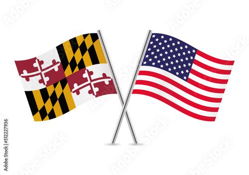 The state of Maryland and America crossed flags. Maryland and American flags on white background. Vector icon set. Vector illustration.