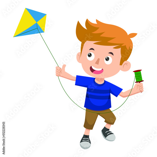 A Boy Is Running While Holding Thread Trying To Fly His Kite In The Field. Kids Activities.