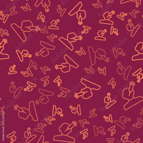 Brown line Addiction to the drug icon isolated seamless pattern on red background. Heroin, narcotic, addiction, illegal. Sick junkie with a syringe and medical pills. Vector