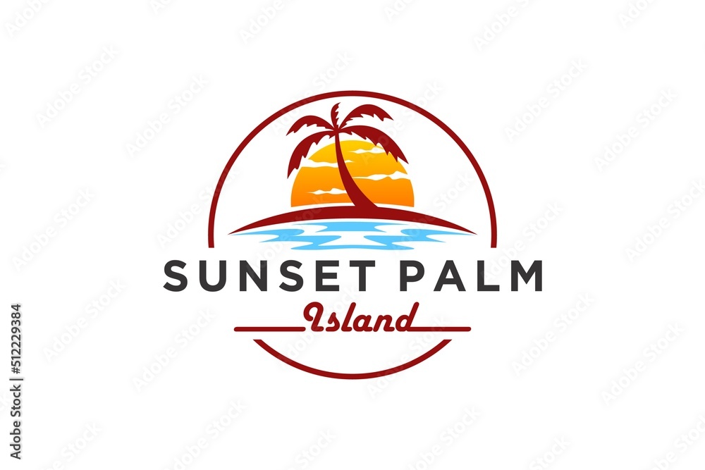 Beach island logo with palm coconut tree and sunset icon design water wave sea - obrazy, fototapety, plakaty 