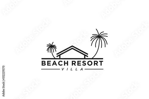 Beach resort logo palm tree element chalet roof cottage icon minimalist
