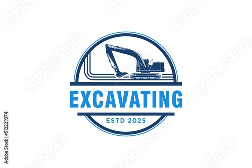 Excavator logo silhouette design earth work company heavy equipment vehicle emblem rounded shape