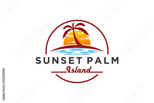 Wallpaper Mural Beach island logo with palm coconut tree and sunset icon design water wave sea