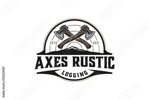 Axes rustic wood work logging logo axe design carpenter badge emblem style 