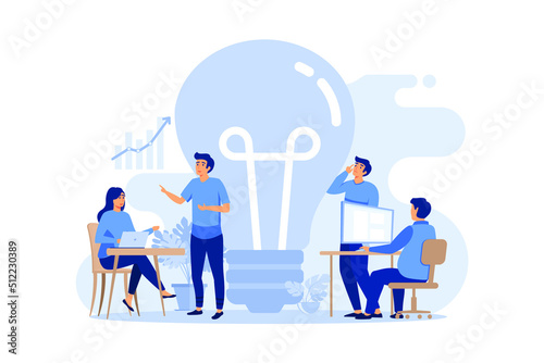 Light bulb and professional company staff working. Idea, planning, analysis concept, presentation slide template. Can be used for topics like business, management, marketing. flat design ilustration photo