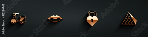 Set Scooter, Smiling lips, Castle the shape of heart and Louvre glass pyramid icon with long shadow. Vector