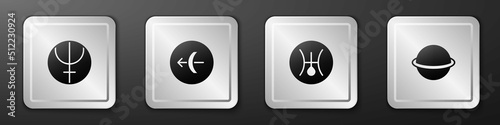 Set Neptune planet, Sagittarius zodiac, Symbol Uranus and Planet Saturn icon. Silver square button. Vector
