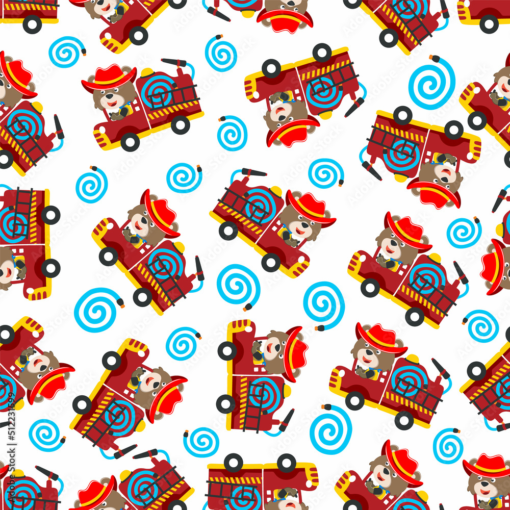 Naklejka premium Vector of seamless pattern fire fighter car with animal fire fighter cartoon, Creative vector childish background for fabric, textile, nursery wallpaper, card, poster and other decoration.