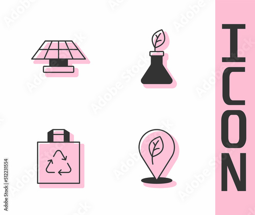 Set Location with leaf, Solar energy panel, Shopping bag recycle and Plant breeding icon. Vector