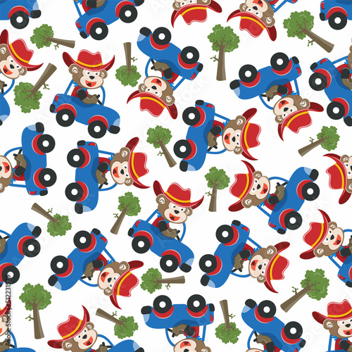 Seamless pattern of cute little fox driving a car go to forest funny animal cartoon vector illustration. Vector illustration. T-Shirt Design for children. Design elements for kids.