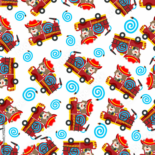 Vector of seamless pattern fire fighter car with animal fire fighter cartoon, Creative vector childish background for fabric, textile, nursery wallpaper, card, poster and other decoration.