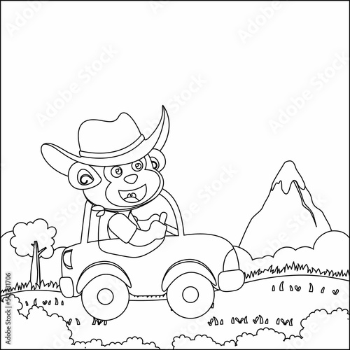 Cute little monkey driving a car go to forest funny animal cartoon,  Trendy children graphic with Line Art Design Hand Drawing Sketch Vector illustration For Adult And Kids Coloring Book.