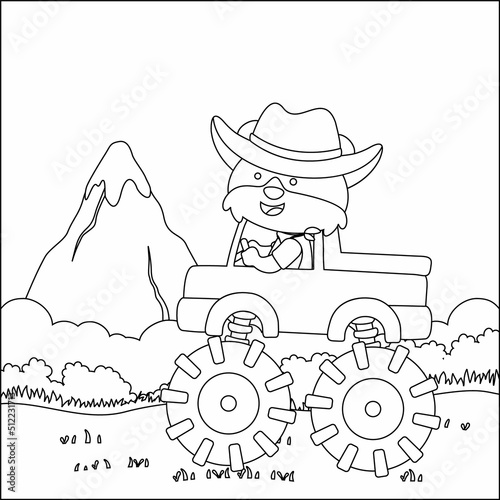Vector illustration of monster truck with cute animal driver. Cartoon isolated vector illustration, Creative vector Childish design for kids activity colouring book or page.