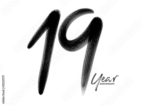 19 Years Anniversary Celebration Vector Template, 19 Years  logo design, 19th birthday, Black Lettering Numbers brush drawing hand drawn sketch, number logo design vector illustration
