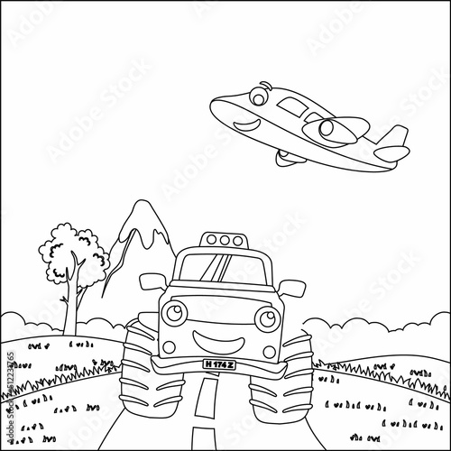 Vector illustration of monster truck with cartoon style. Cartoon isolated vector illustration, Creative vector Childish design for kids activity colouring book or page.