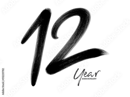 12 Years Anniversary Celebration Vector Template, 12 Years  logo design, 12th birthday, Black Lettering Numbers brush drawing hand drawn sketch, number logo design vector illustration
