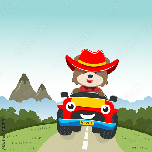 Cute fox cartoon having fun driving cute little off road car on sunny day. Vector childish background for fabric textile, nursery wallpaper, card, poster and other decoration. Vector illustration.