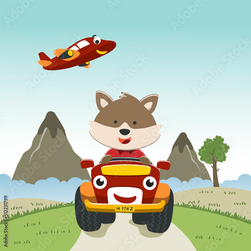 Cute fox cartoon having fun driving cute little off road car on sunny day. Vector childish background for fabric textile, nursery wallpaper, card, poster and other decoration. Vector illustration.