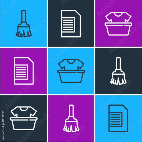 Set line Feather broom, Basin with shirt and Laundry detergent icon. Vector