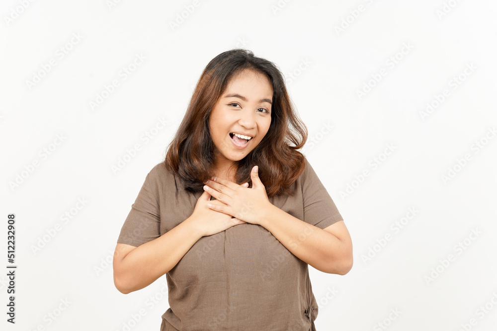 Hand on Chest Self Love Gesture of Beautiful Asian Woman Isolated On White Background Hand on Chest Self Love Gesture of Beautiful Asian Woman Isolated On White Background