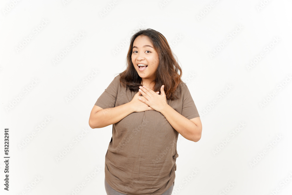 Hand on Chest Self Love Gesture of Beautiful Asian Woman Isolated On White Background